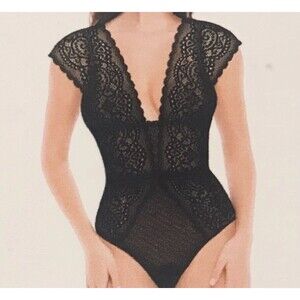 New Sophie B Size L Sheer Black Lace Bodysuit Whimsigoth Lingerie Babydoll Teddy